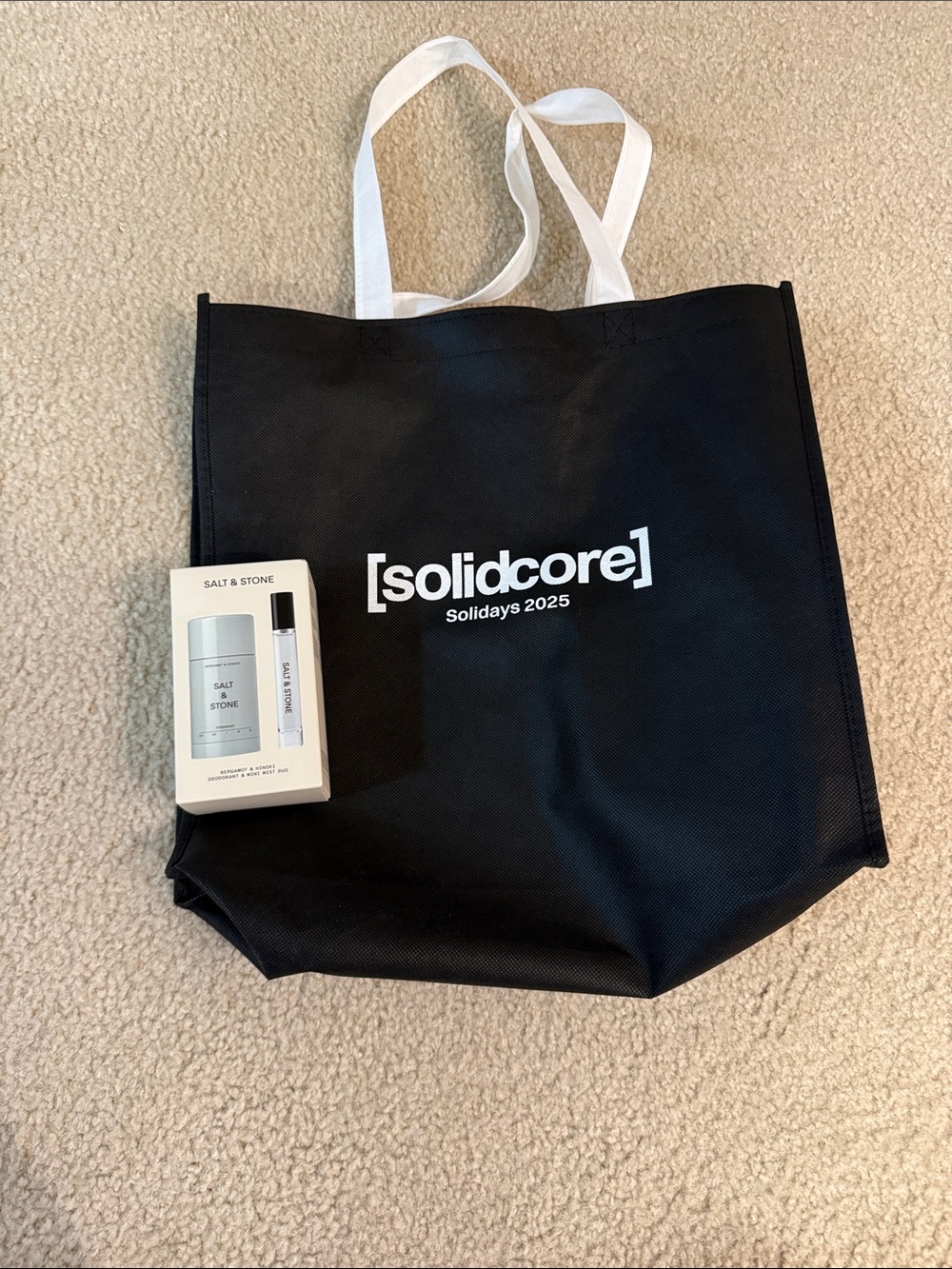 [solidcore] Black Tote Bag with White Logo and Straps with salt and stone produc